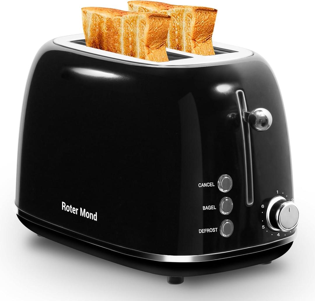 Roter Mond 2 Slice Toaster Retro Stainless Steel with Bagel, Cancel, and Defrost Functions, 6 Bread Shade Settings, Extra Wide Slots and Removable Crumb Tray, Black
