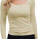 GEMBERA Womens Long Sleeve Scoop Neck Ribbed Knit Tops Casual Slim Fitted Basic Shirts (Beige, S)