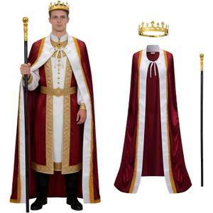 King Costume for Men and Women, Queen Costume,Adult King Cape Robe Metal Crown Scepter, Lord Farquaad Costumes, M