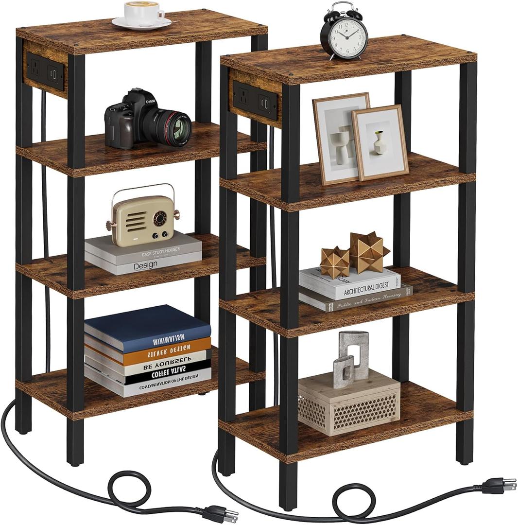 TUTOTAK Narrow Side Table with Charging Station,Small End Table with USB Ports and Outlets, Skinny Sofa Table, Slim Nightstand, Living Room, Bed Room, Brown TB01BB0802 (4-Tier7.9"D x 15.8"W x 28.8"H)