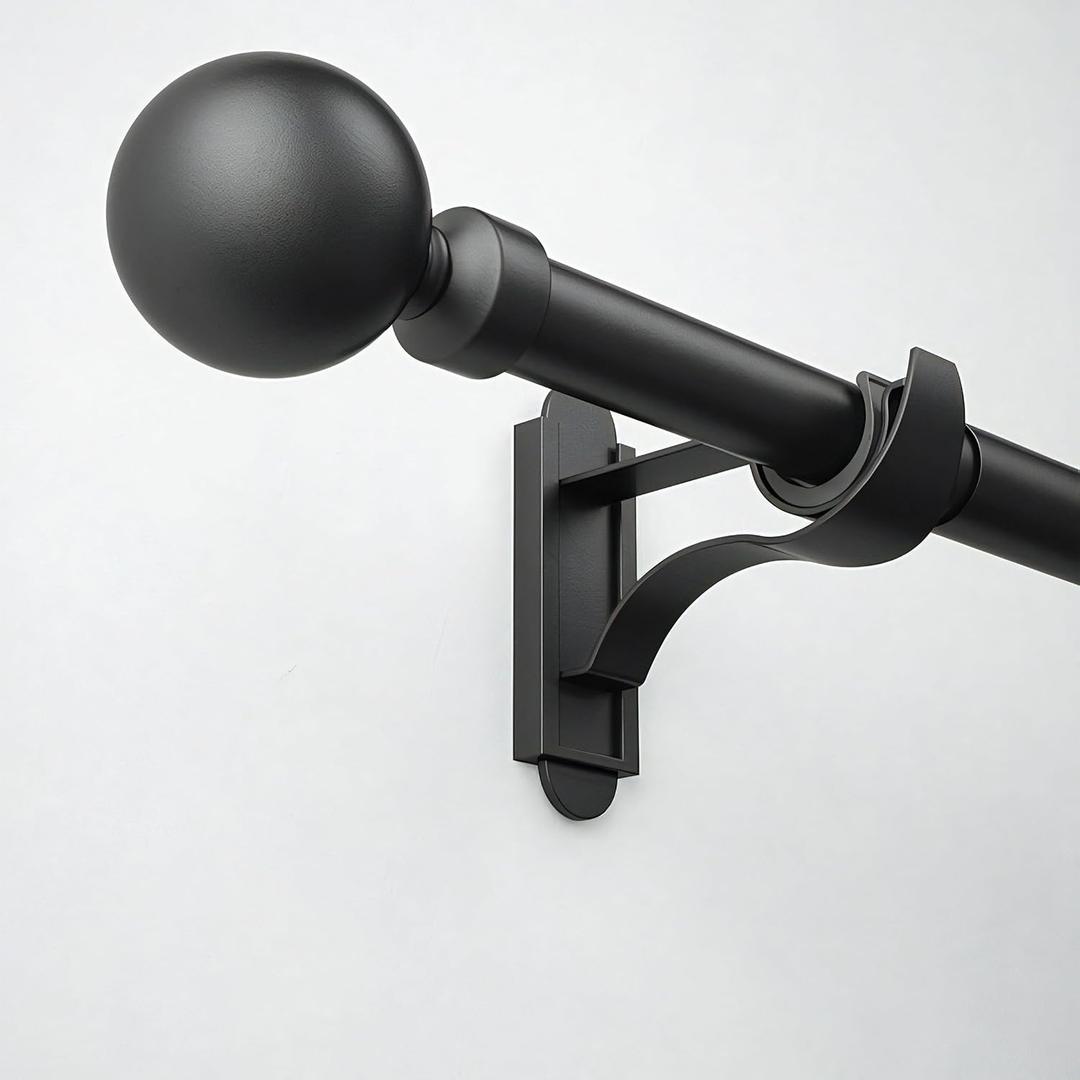 ROTHLEY Heavy Duty Curtain Rods for Windows 66 to 120 Inch Long Drapery Rods with Adjustable Length 1 Inch Diameter Black Decorative Curtain Pole For Living Room With Klick Fit Brackets-Orb Finial