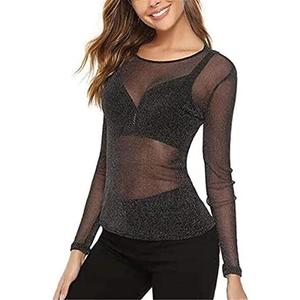 ZHER-LU Women's Casual Solid High Neck Sheer Mesh Long Sleeve Tee Shirt Top (Black, L) 8 Pack