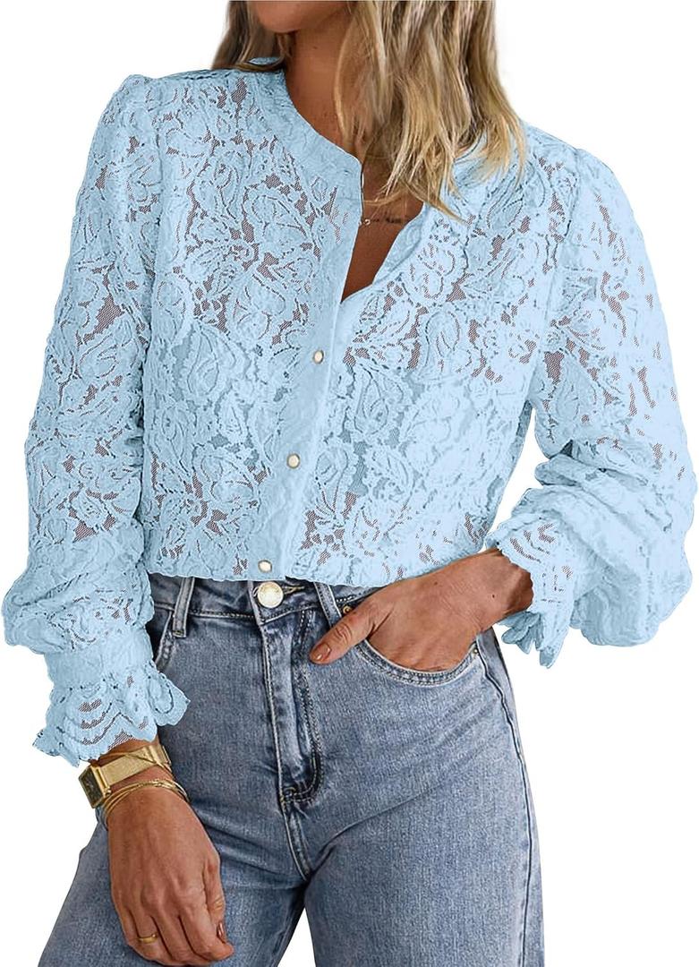 PRETTYGARDEN Women's Dressy Casual Lace Blouse Long Sleeve Button Up Shirts Tops Spring Fall Fashion Clothes (Light Blue, X-Large)