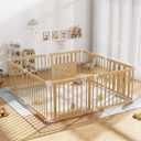 Wooden Baby Playpen with Child Safety Lock, 64"64" Large Playpen for Babies and Toddlers, Indoor Play Pen for Kids Activity Center, Portable Natural Wood Fence, Expandable, Suction Cups, 8 Panels
