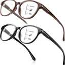 Distinctive Progressive Multifocus Reading Glasses Women, Retro Lady Anti Blue Light/Eye Fatigue Computer Reader, Vintage Round Frame No-Line Multifocal Eyeglasses (Black&Brown, 2.0x)