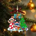 Hawaiian Girl & Blue Alien Cartoon Christmas Acrylic Ornament, Holiday Decoration, Stitch-Style & Hawaiian Girl Cartoon Ornament Gift for Kids, Boys, Girls, Fans (with Red Bow & Wooden Beads)