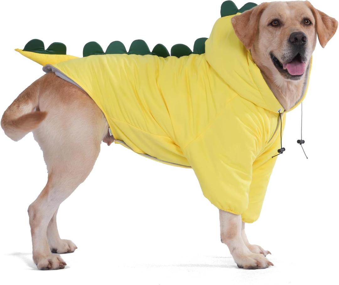 LovinPet Dog Warm Coat with Hood  Medium & Large Dinosaur Hoodie Winter Jacket for Cold Weather, Yellow & Green Coat for Large Dogs, L
