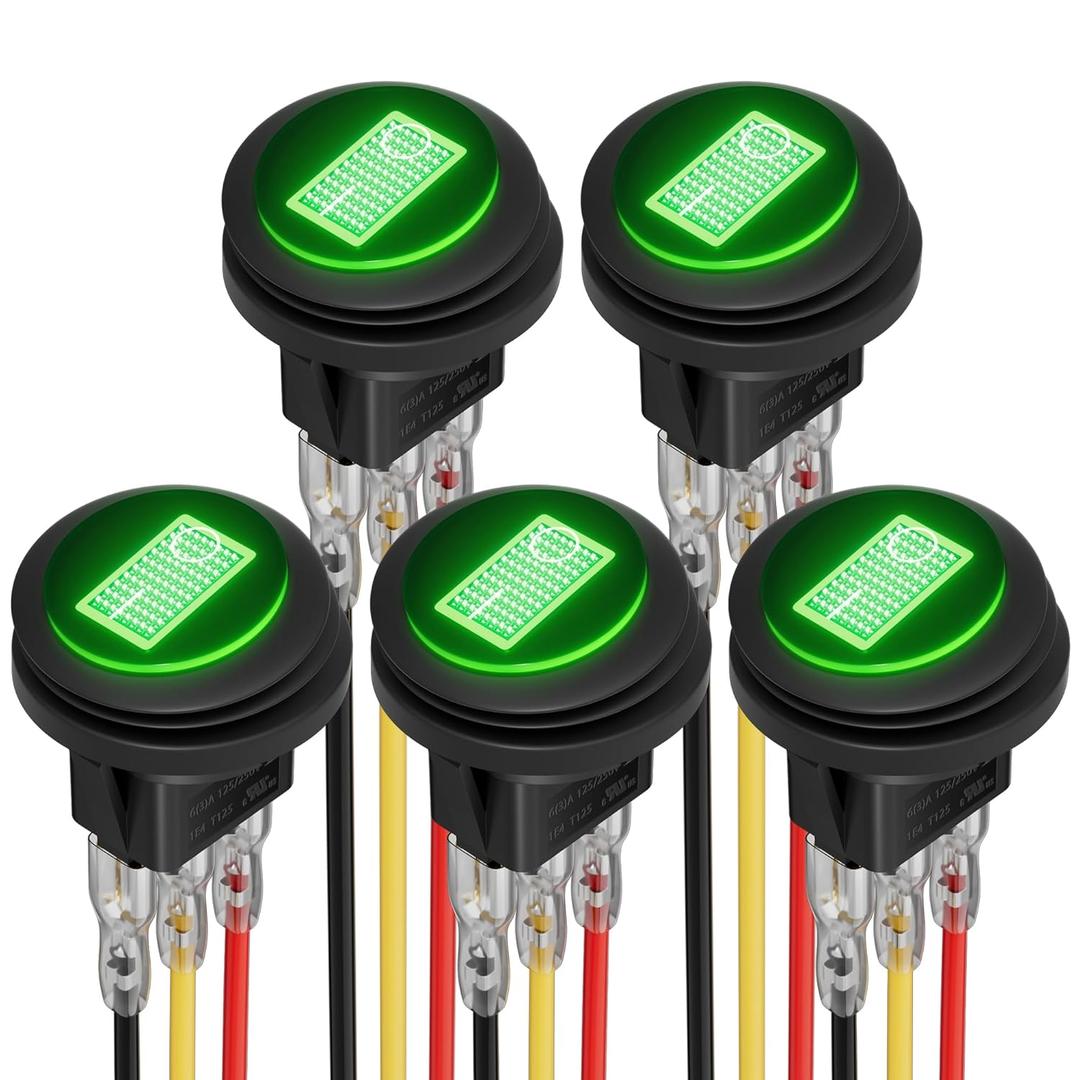 DaierTek Round Toggle Switch Green LED [UL Listed] 12V 20A Waterproof Rocker Switch 3 Pin SPST Lighted ON Off Marine Switch for Car Motorcycle UTV ATV -5pcs