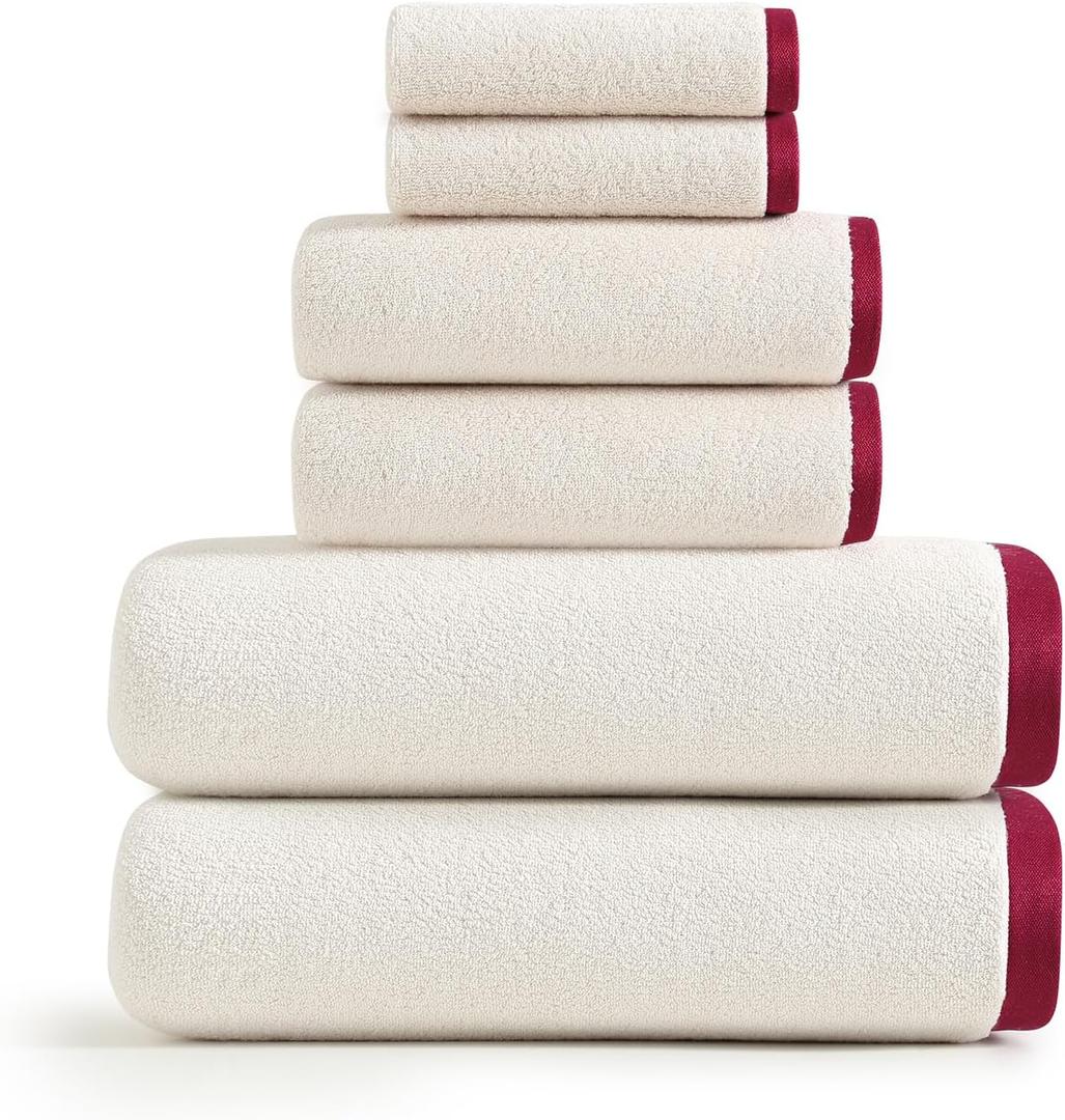 Lucury Bath Towels Set of 6,2 Bath Towels, 2 Hand Towels, 2 WashCloths,100% Cotton Extra Absorbent Silk Hemming Towels for Bathroom (Beige)