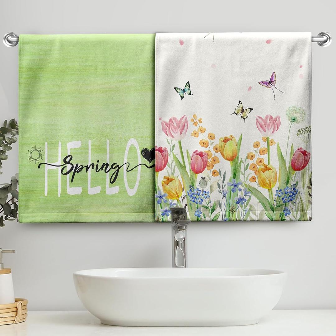 Hello Spring Flowers Kitchen Towels Tulip Floral Bathroom Hand Towel Green Summer Tulip Butterfly Dish Towels Soft Absorbent Bathroom Towels for Farmhouse Home Kitchen Decor
