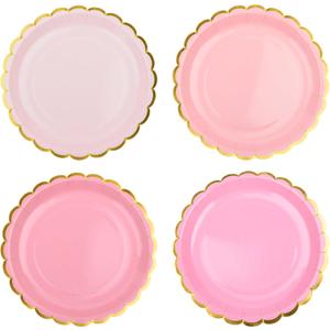 AimFun 48 Pcs Pink Scalloped Party Plates Gold Foil Border Paper Plates Mothers Day Disposable 9inch Gradient Serving Plates for Birthday Wedding Bridal Baby Shower Party Supplies
