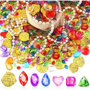 MARFOREVER Pool Toys Pirate Treasure Gems and Gold Coins, 246 Pcs Fake Coins Plastic Gems Jewels Playset for Summer Sand Beach Bath Toys Halloween Pirate Adventure Party Favors Decorations