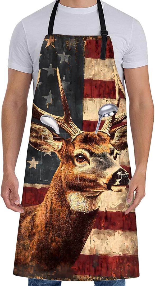 Rustic Deer Apron for Women with American Flag,28x33in,Patriotic Kitchen Aprons with 2 Pockets,Oxford Fabric,Wildlife Adjustable Apron for Cooking Baking Gardening Chef,Gifts for Mom Wife