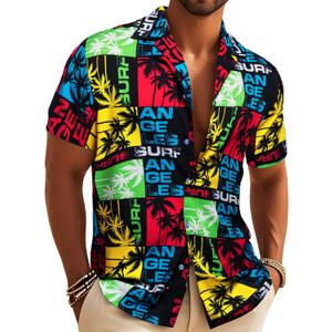 Barry.Wang Men's Hawaiian Floral Shirts Casual Tropical Beach Short Sleeve Funky Aloha Shirt Summer Holiday Vacation Party (Medium, Black and Red Splice)