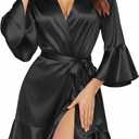 Ekouaer Silk Robes for Women Black Bridesmaids Wedding Robes 3/ 4 Sleeve Ruffled Short Bathrobes Kimono Bride Satin Bathrobe Black S
