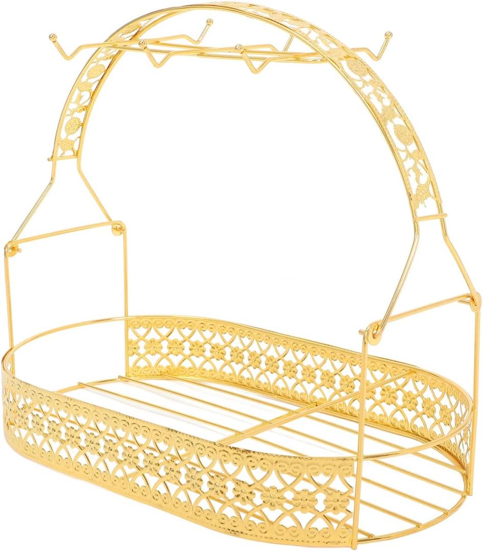 Electroplated Gold Coffee Cup Holder with 6 Hooks and Wire Storage Basket Wrought Iron Mug Stand Organizer for Kitchen Countertop Home and Party Use 13X11.5X8 Inches