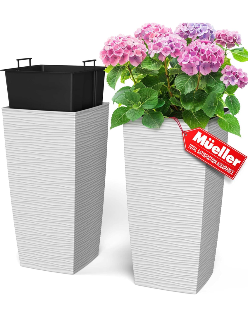 Mueller M-Resin Heavy Duty Tall Planters for Outdoor Plants, Indoor Grande Plant Pots, Boxes, Trees, Flower Pots, 2-Piece Set, 24, Modern Design, Built-in Drainage, Front Porch Decor, Dark Gray (24 x 11.5", Dark Grey)