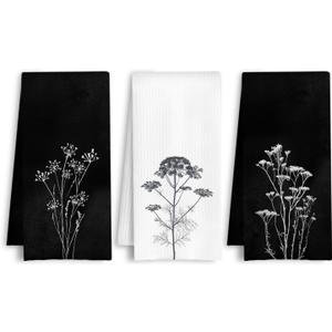 Black and White Floral Kitchen Towels, Vintage Botanical Dish Tea Towels, Rustic Cottagecore Flower Plant Decorative Hand Towel for Bathroom Kitchen, 16x24 Inch Set of 3