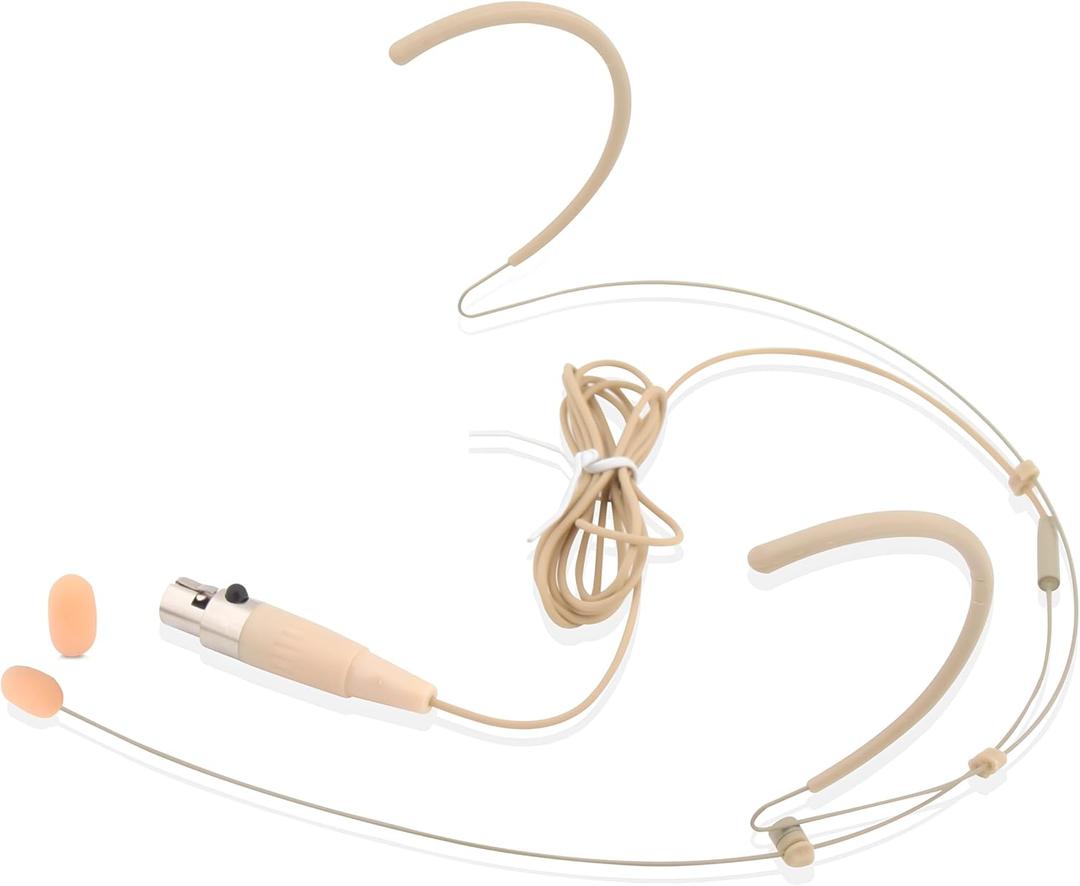 Pyle Pro Dual Over-Ear Headset Microphone - Professional Hands-Free Omni-Directional Boom Condenser Mic with 4-Pin Mini XLR, 3.9ft Cable, Windscreen - Secure Fit, Pro Audio for Presentations (Beige)