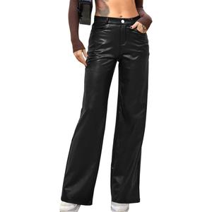 Women Faux Leather Pants PU High Waist Straight Leg Pants with Pockets Leather Leggings Bell Bottom Flare Pants, L