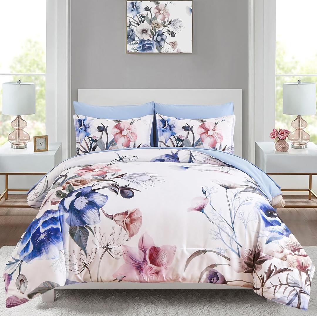 Luxudecor Floral Comforter Set Queen Size 7 Piece, Blue Flower Bed in a Bag, Elegant Floral Comforter with Sheet Set, Soft Microfiber Bedding Set for All Season (Blue, 90"x90")