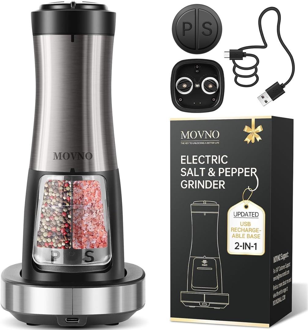 MOVNO 2 in 1 Rechargeable Electric Salt and Pepper Grinder Set with Charging Base, No Need Battery Automatic Salt and Pepper Grinder, One-Handed Operation, Adjustable Ceramic Grinder with LED Light (Black)