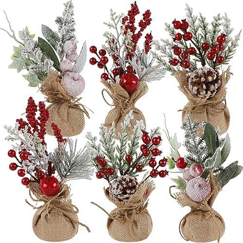 winemana 6 Pcs Mini Christmas Tree Table Decorations, 9" Small Artificial Trees with Red Berries Pine Cone Tabletop Centerpiece for Home Office Room Holiday Decorations