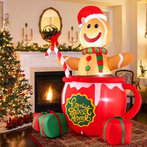 7 Feet Inflatable Gingerbread Man in Hot Cocoa Mug with Built-in LED Lights and Gift Boxes