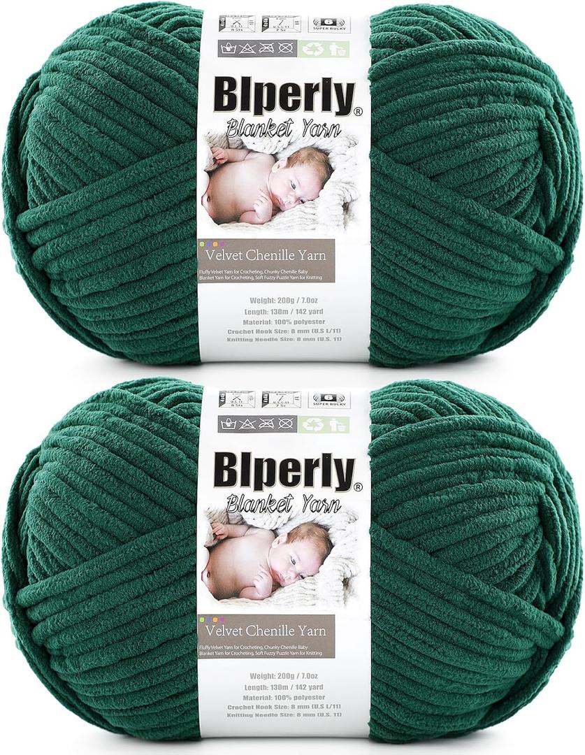 6 Super Bulky Velvet Chenille Yarn for Crocheting - 2 Skeins of 200g/7 oz - Ultra Soft Heavy Weight Chunky Knitting Yarn for Baby Blankets, Amigurumi, Home Decor Dark Green 2 Skeins