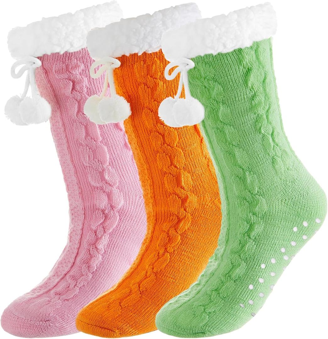 ramede Womens Fuzzy Slipper Socks with Gripper Winter Pastel Cozy Non Slip Winter Lined Warm Thick Soft Socks Gift (Orange Pink Green)