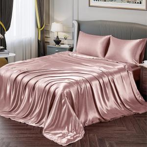 Vonty Satin Sheets Full Size Silky Soft Satin Bed Sheets Rose Gold Sheet Set, 1 Deep Pocket Fitted Sheet + 1 Flat Sheet + 2 Pillowcases