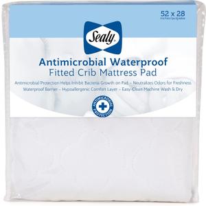 Sealy Baby Antimicrobial Fitted Waterproof Infant Crib Mattress Protector Pad and Toddler Bed Cover, Designed to Neutralize Odors, Machine Washable and Dryer Friendly, 52 x 28- White (Crib (Pack of 1))