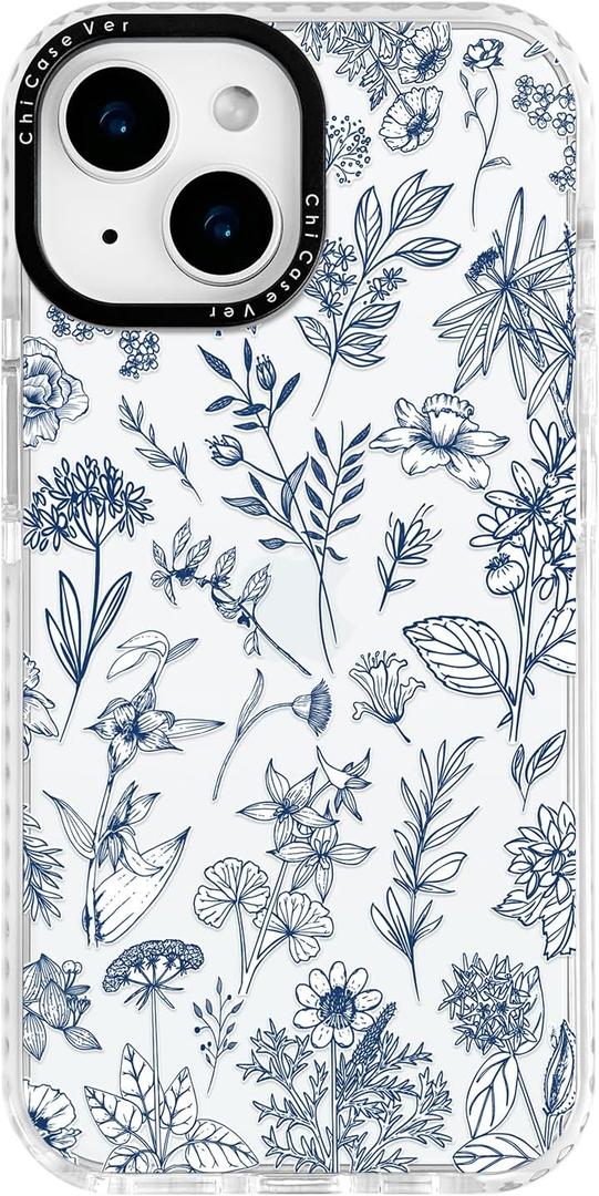 for iPhone 14 Plus Case, Vintage Botanical Pattern with Blue Flowers, Military-Grade Drop Protection, Elegant Soft Slim TPU Protective Cover with Camera Lens Protection for Women & Girls