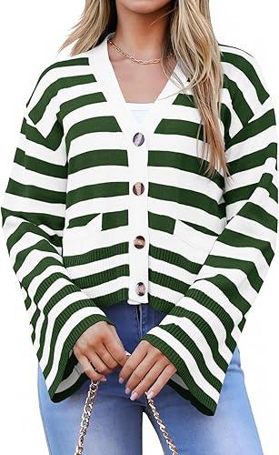 Saodimallsu Womens Striped Cardigan Sweaters Cropped Fall Button Open Front Long Sleeve Knit Sweater Coat with Pockets L