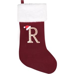20 Inches Initial Monogram Christmas Stocking Personalized,Deluxe Black Velvet Body with Super Soft Plush Cuff Embroidered Letter,Holiday Season Decor (Wine Red, Letter R)