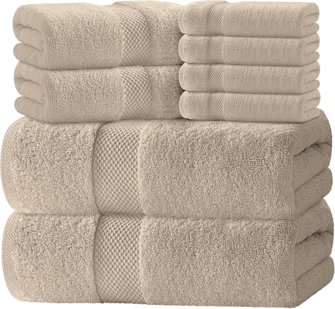 White Classic Luxury Bath Towel Set of 8 Pieces - 100% Turkish Cotton Highly Absorbent Towels for Bathroom, 2 Luxury Bath Towels 700GSM, 2 Hand Towels, 4 Washcloths, Taupe