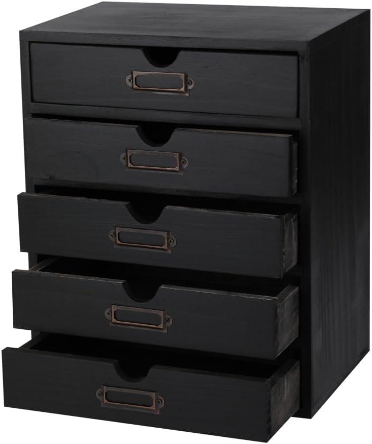 Wooden Storage Box with 5 Drawers Apothecary Drawers Vintage Wooden Drawers Wood Desktop Organizer with Drawers Countertop Drawers Library Card Catalog Cabinet Apothecary Cabinet BLACK