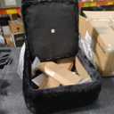 GREENSTELL Small Vanity Stool Chair with Storage and Folding Back, 13.4" x 15" x 30" Square Faux Fur Soft Ottoman, 4 Metal Legs with Anti-Slip Feet, Furry Padded Seat for Makeup, Bedroom, Black