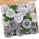 N&T NIETING Roses Artificial Flowers, 50Pcs Fake Flowers Foam Roses with Stems for DIY Wedding Bridesmaid Bridal Bouquets Centerpieces Party Home Decoration Baby Shower, Silver White and Silver Grey