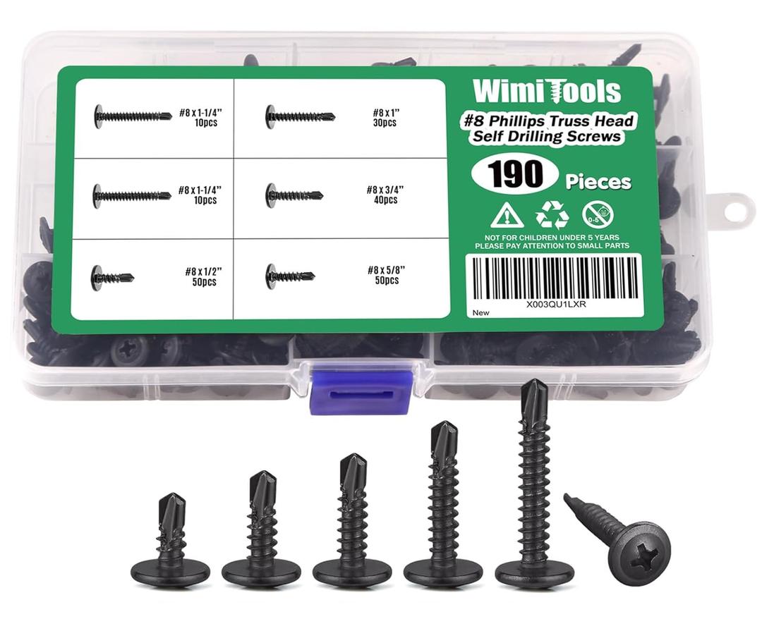 190pcs #8 x 1/2'' to 1-1/4'' Self Drilling Screws Assortment Kit, Black Truss Head TEK Stainless Steel Self Tapping Screws for Metal, Plastic, Aluminum