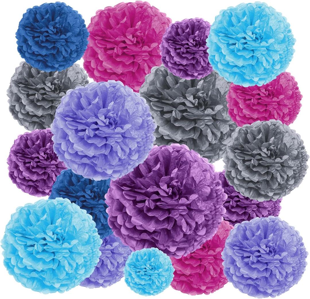 EpiqueOne 20-Piece Tissue Paper Pom Poms Party Decorations Kit - Blue, Teal, Purple, Lavender & Silver | Different Sizes - 6", 8", 10", 12" & 14" | Ideal for Birthdays, Bridal or Baby Showers & More