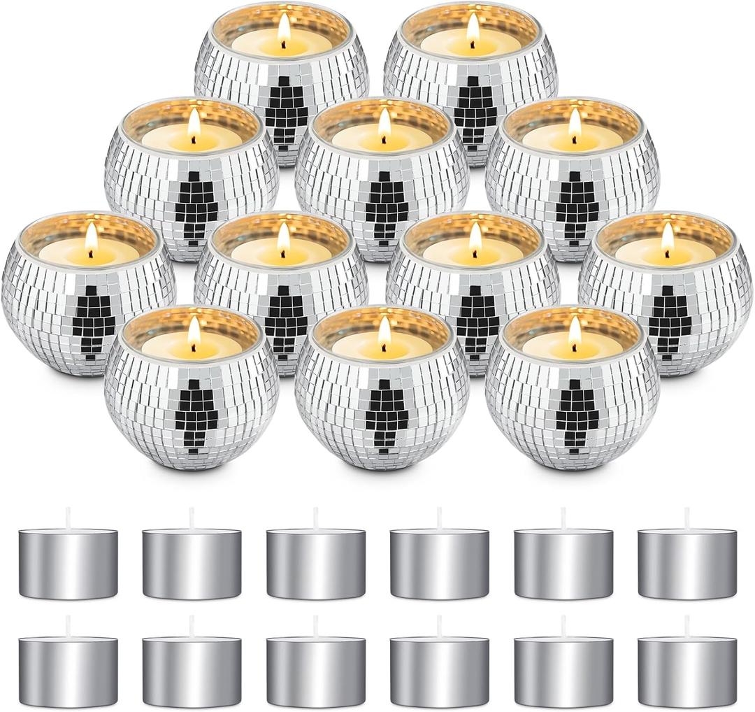 Luditek Disco Ball Candle Holders, 12 Pcs Mirror Silver Decor for Christmas Birthday Wedding NYE Party Decorations, Glass Votive with Tealights for Home Table Centerpiece, Gifts for Women