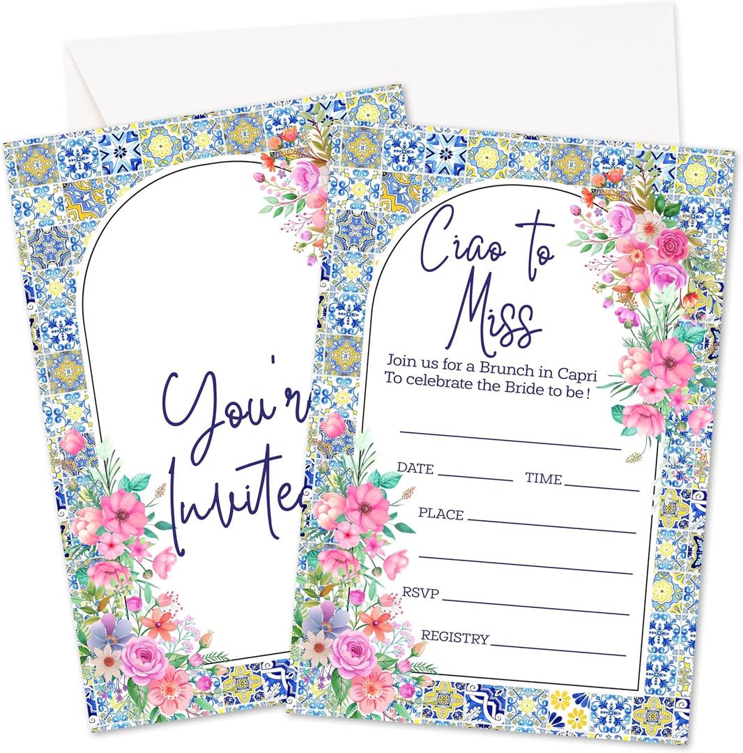 Wedding Shower Invitations, Mediterranean Invites Cards For Couple, Floral Bridal Shower Party Celebration Favors Supplies, 25pcs Wedding Banquet Party Fill In Cards With Envelopes -10