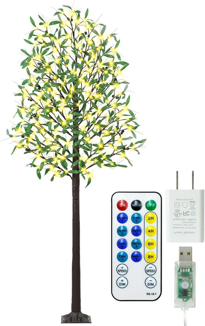 7FT 170 LED Lighted Olive Tree - Olive Trees Artificial Indoor with 17 Branches, 34 Fruits 340 Leaves, Remote 8 Flashing Modes, Timing, DC 5V Safe, Faux Olive Tree for Outdoor Party Home Decorations