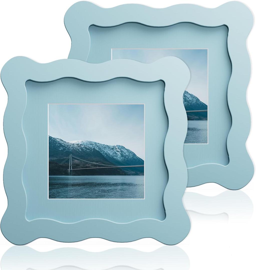 4x4 Wavy Picture Frame With Mat For 3x3, Wavy Edge Wooden Picture Frame with Real Glass - Wall Mount and Tabletop Display, Blue, 2 Pack
