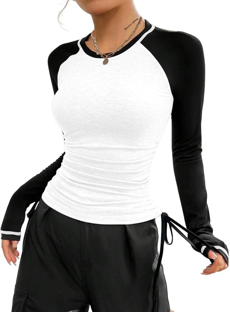SOFIA'S CHOICE Women's Color Block Long Sleeve Raglan T Shirt Drawstring Side Ruched Tee Top White Black D XX-Large
