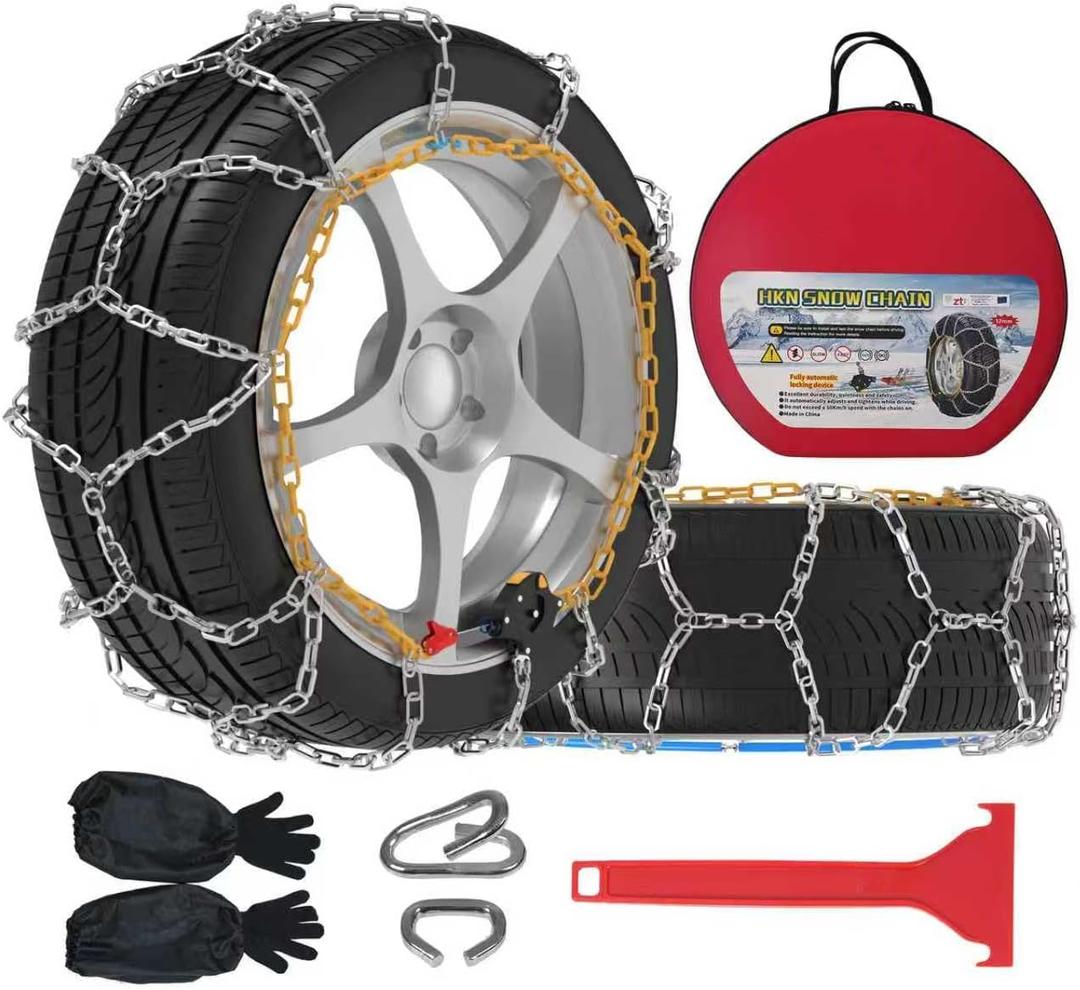 Auto-Fixing Snow Chains, 30s Quick Fit Easy Installation Tire-Chains, Portable Reusable High Carbon Steel Anti Slip Tire Chain for Passenger Car, Pickup Trucks and SUV - Set of 2 (HKN-150)