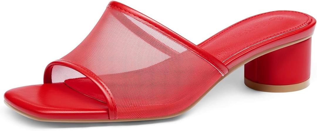 Coutgo Womens Slide Sandals Mesh Chunky Heels Mules Square Open Toe Slip On Summer Dress Shoes (6, Red)