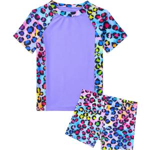 Snowheart Girls Swimsuit Short Sleeve Rash Guard with Shorts | For swimming, beach, pool parties. Super-soft, quick-drying, breathable. UPF 50+ sun protection.