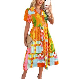 Women's Floral Boho Midi Dress V-Neck Short Sleeve Summer Casual Button-Up Flowy Dresses 2026 Beach Vacation Outfits (S)